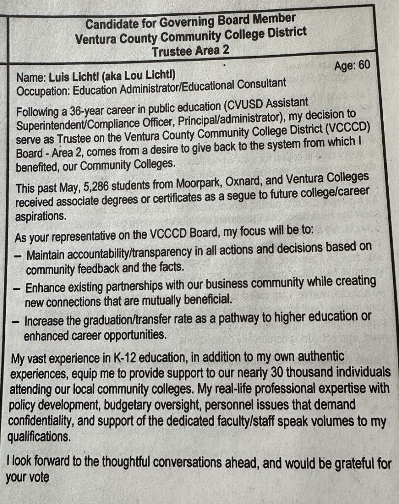 Lou Lichtl candidate statement for VCCCD