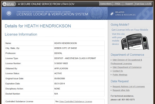 Heath Hendrickson Heber City Dental License