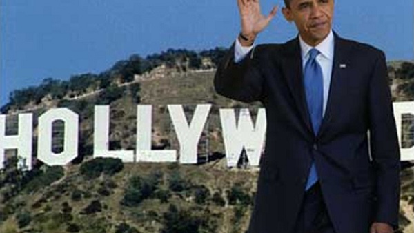 Obama in front of the Hollywood Sign